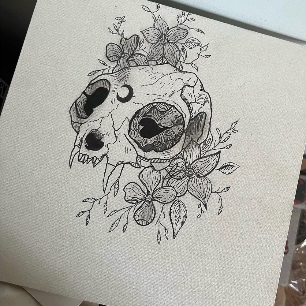 12 by 12 cat skull hand drawn with marker